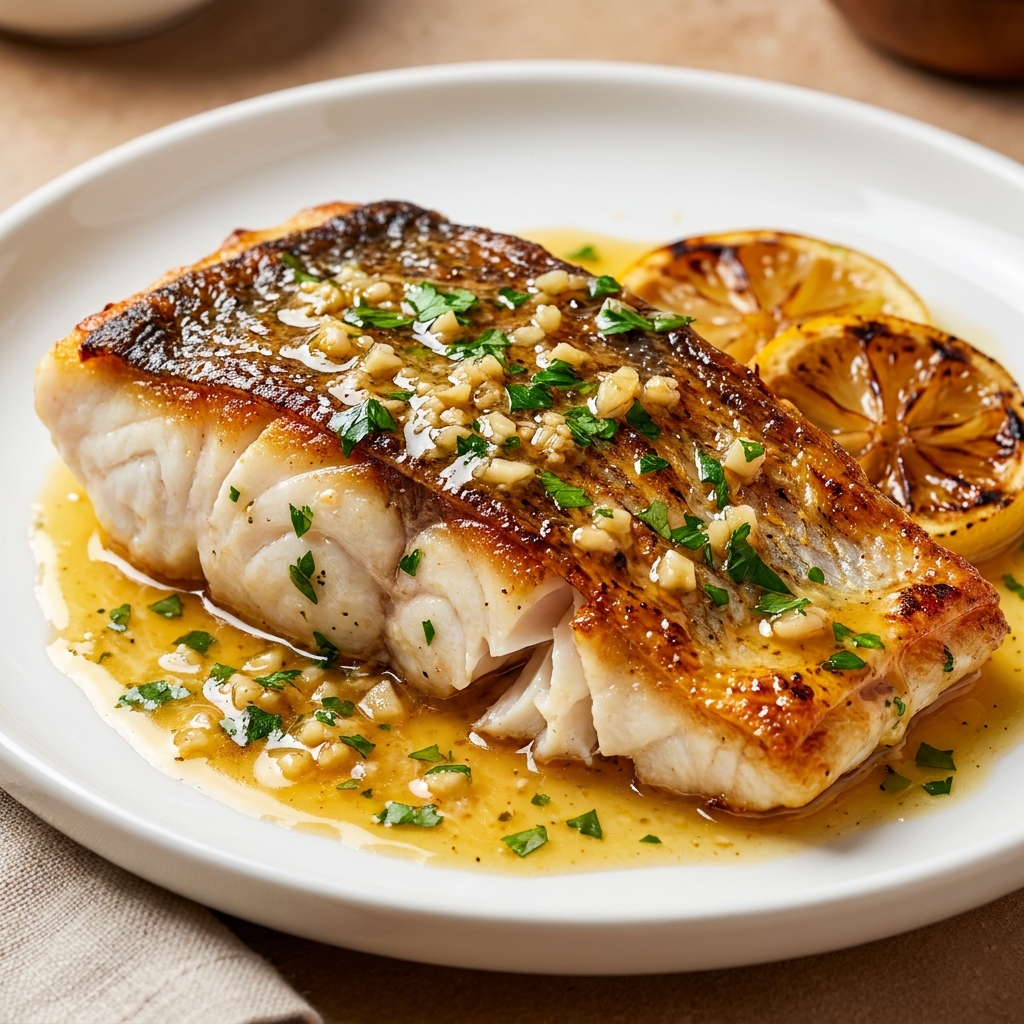 Garlic butter lemon barramundi plated with lemon wedges and fresh parsley on a white plate