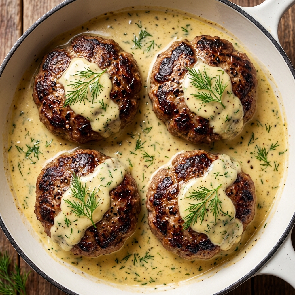 Hamburger Steaks in Creamy Dill Sauce Recipe at Home