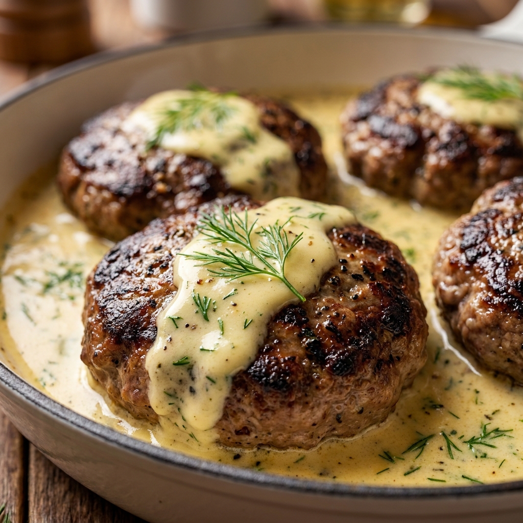 Searing hamburger steak patties golden brown in a cast iron skillet