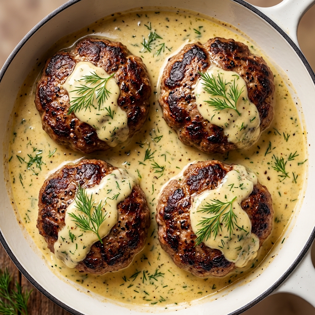 Hamburger steaks smothered in creamy dill sauce with fresh dill garnish