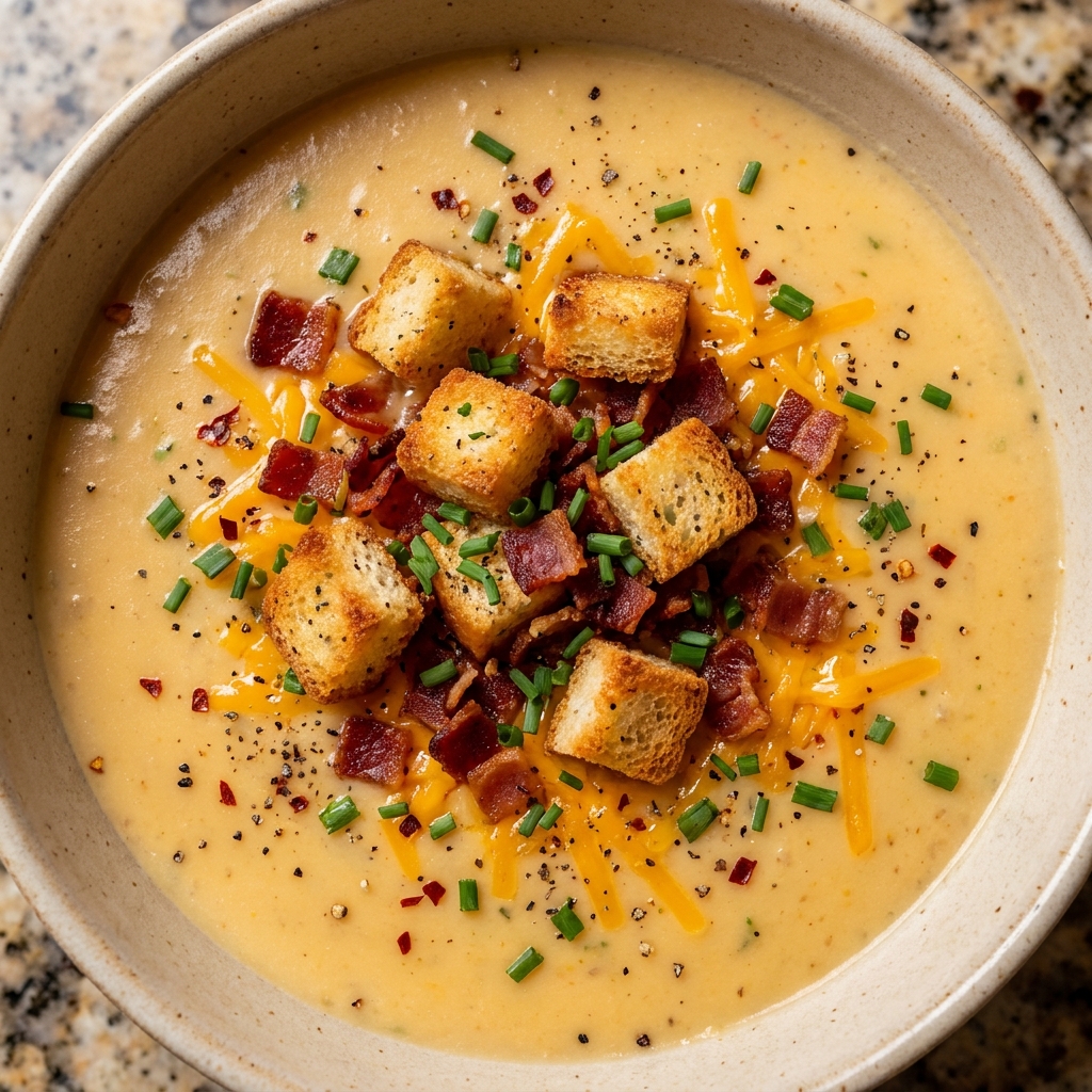 Creamy cheddar and herb potato soup in a rustic bowl with bacon and green onion toppings