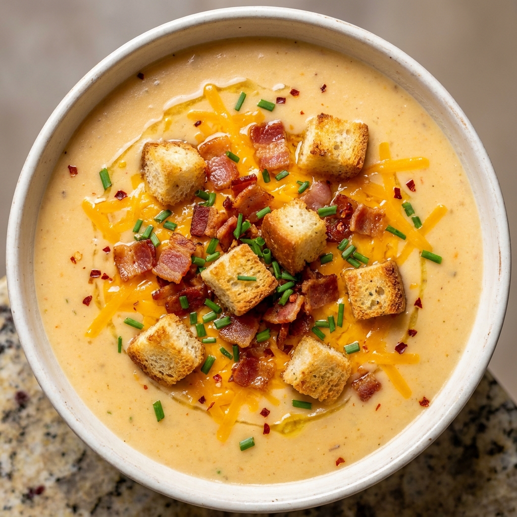 One-pot creamy cheddar herb potato soup ladled into a bowl with fresh thyme garnish