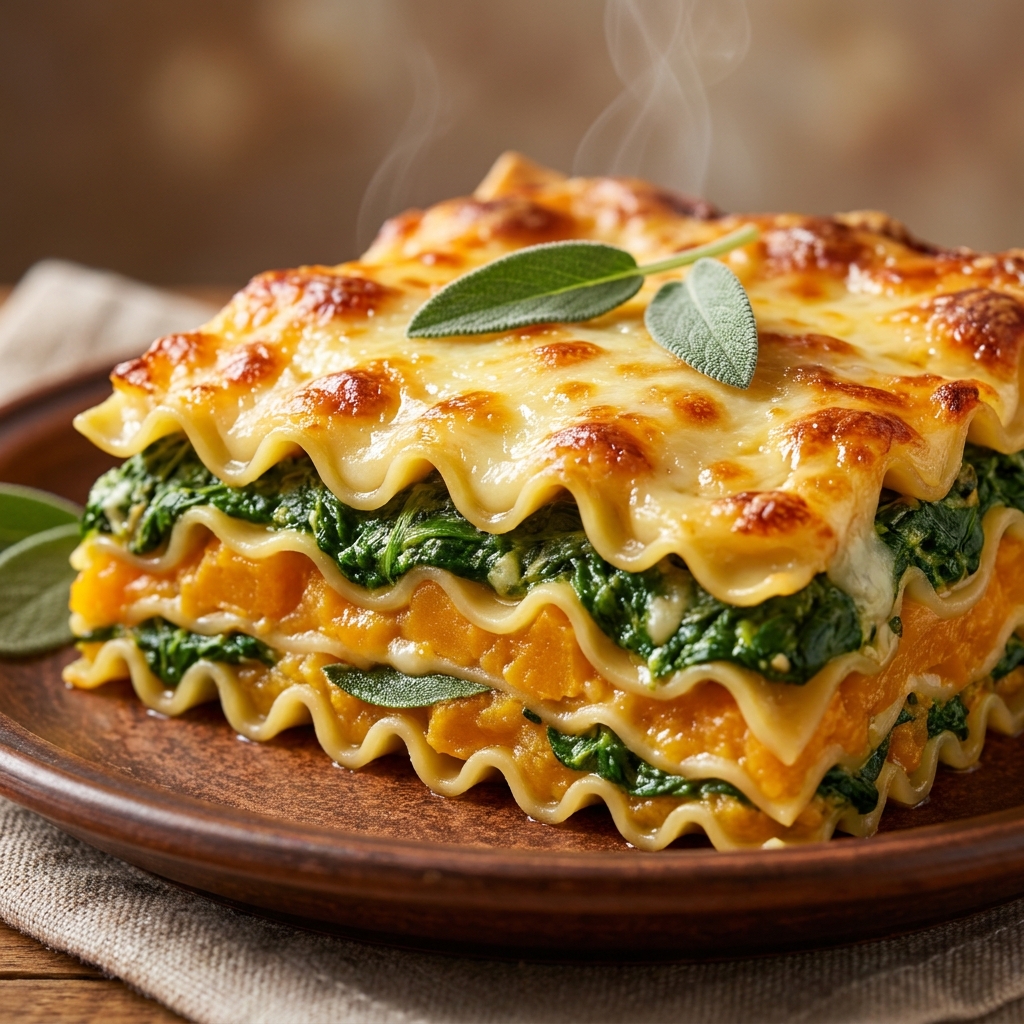 Sliced spinach lasagna showing distinct layers of squash, spinach, and three cheeses