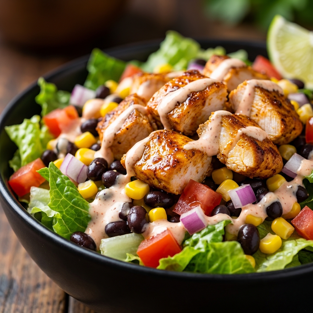 Assembled High Protein Chicken Taco Salad Bowl with layered romaine, beans, and chicken
