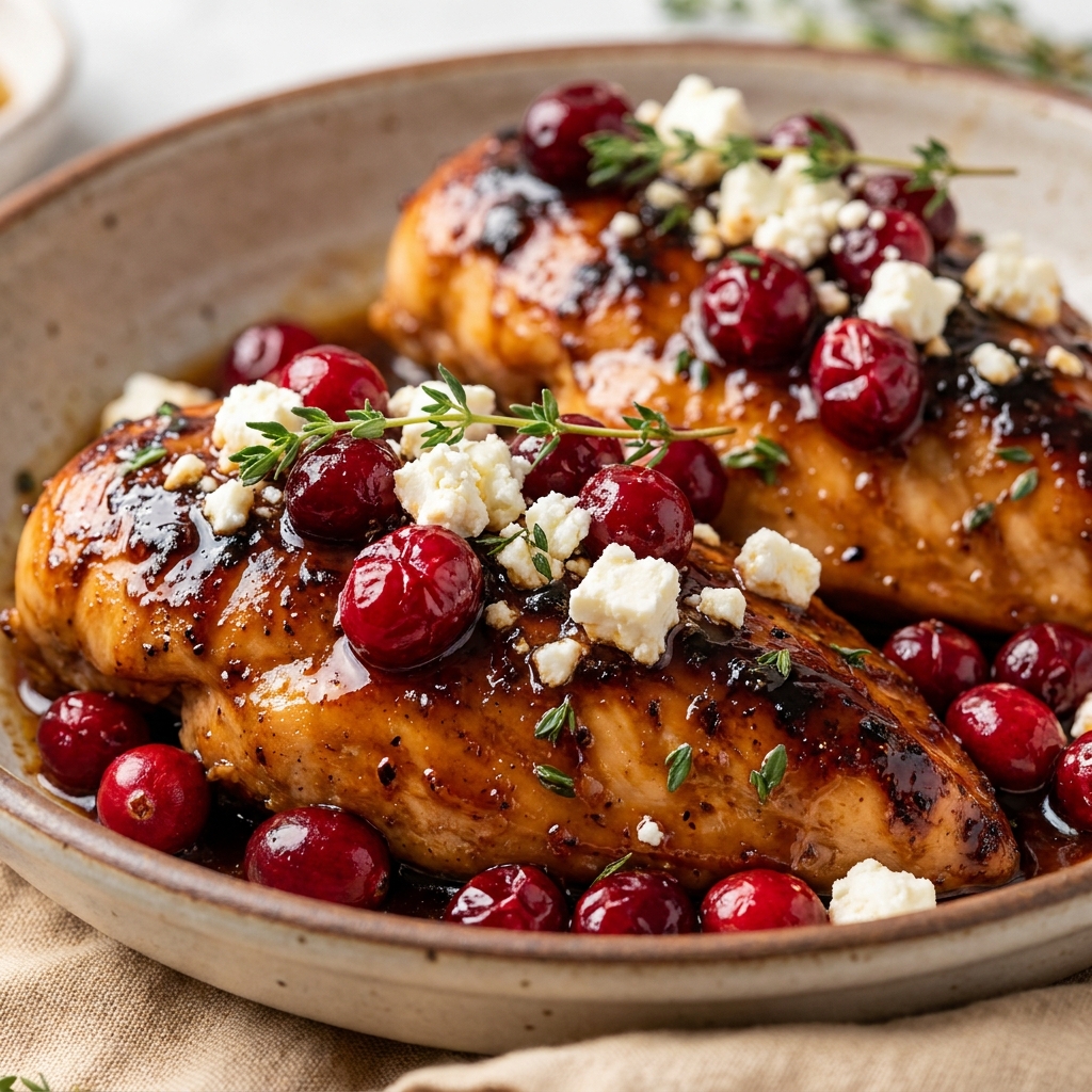 Golden Cranberry Chicken Bake with melted feta and glossy honey glaze