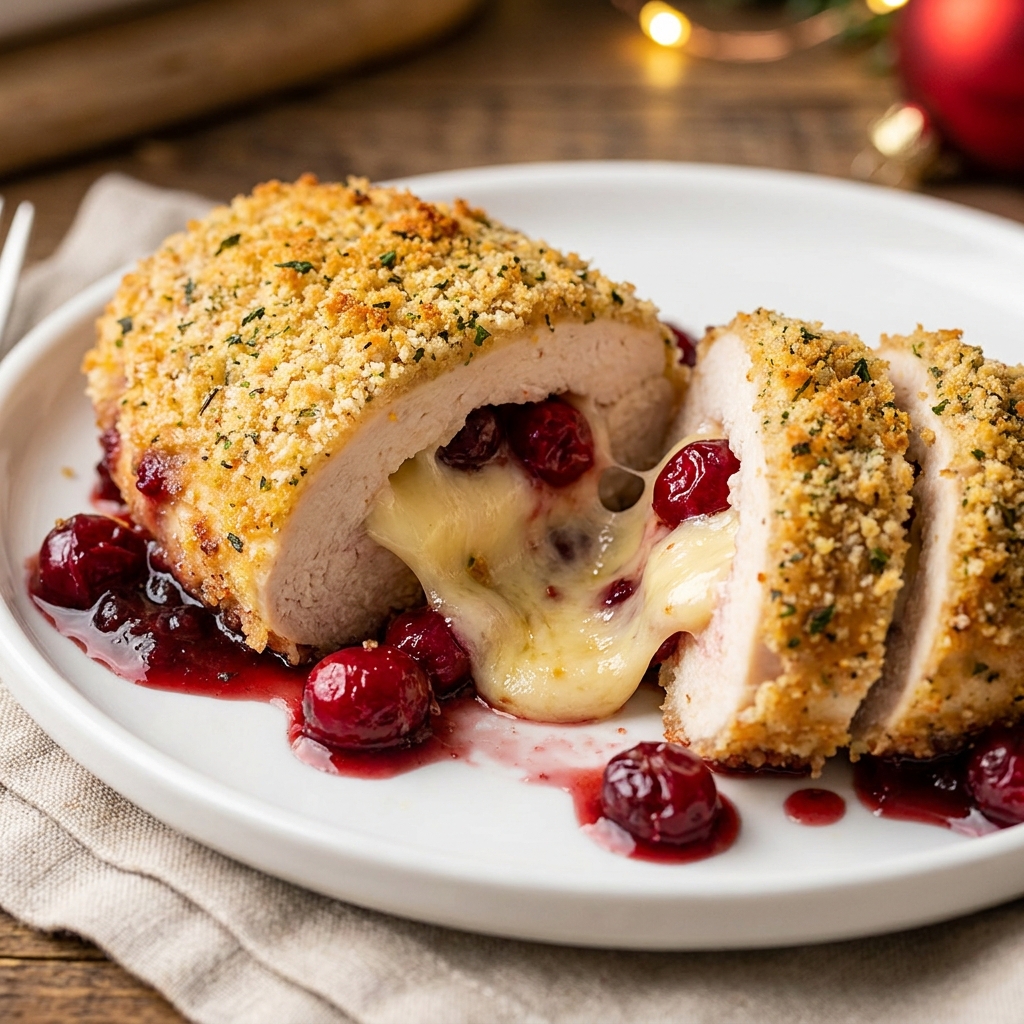 Stuffing cold brie and cranberry sauce into a chicken breast pocket