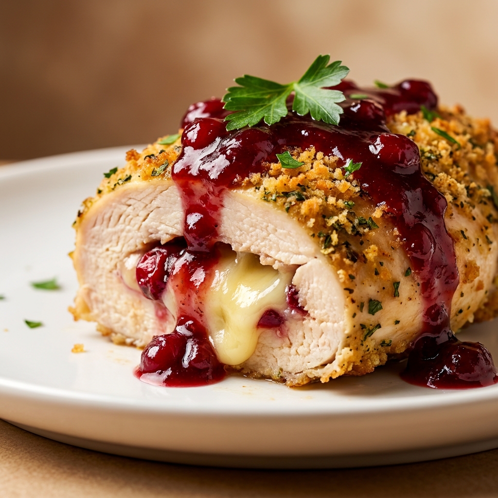 Sliced Cranberry Brie Stuffed Chicken showing the molten brie and cranberry center