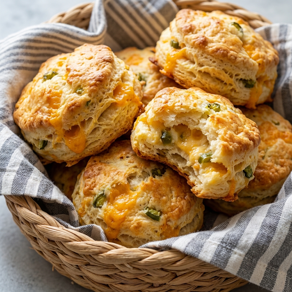 Freshly baked Jalapeno Cheddar Biscuits split open showing gooey cheddar and jalapeno bits
