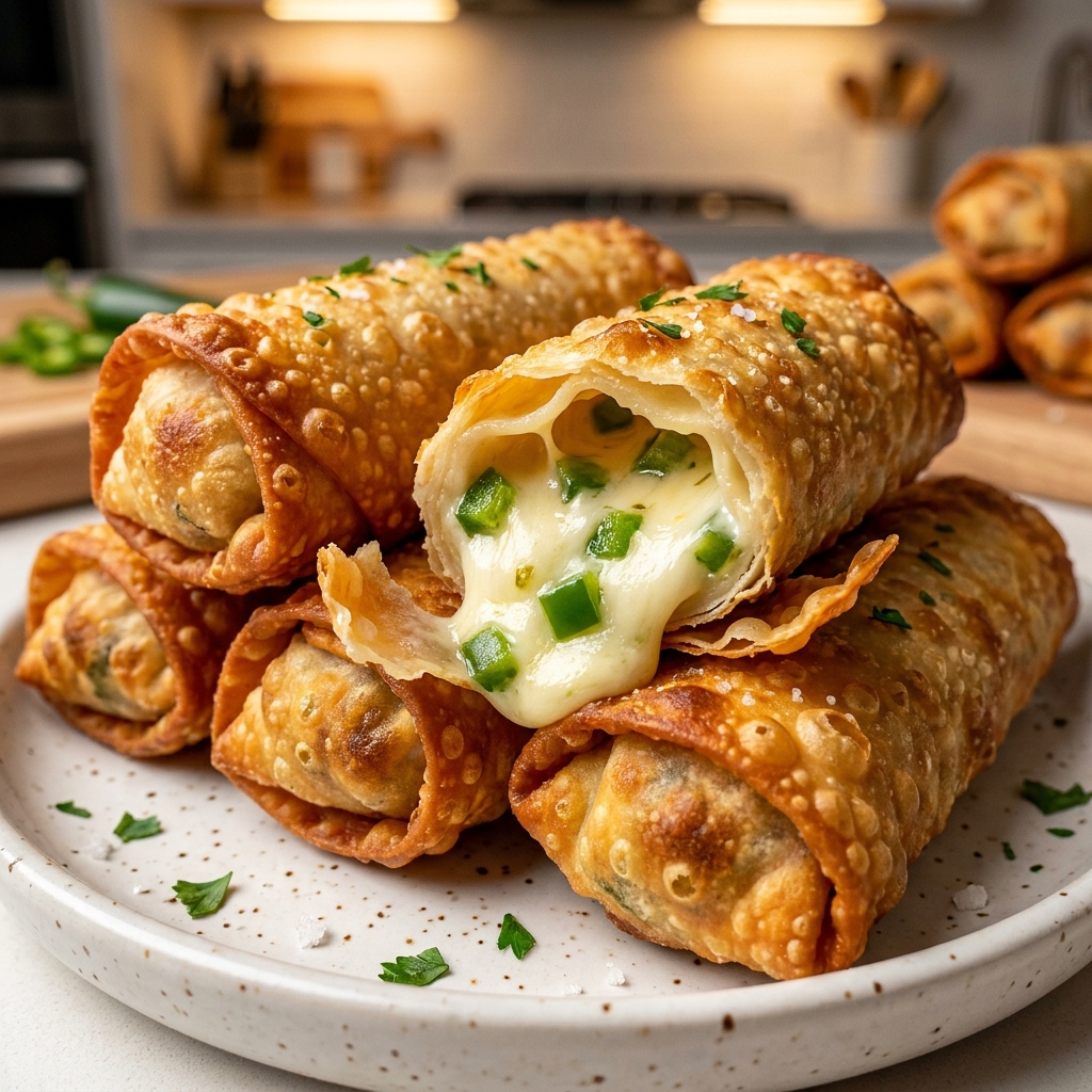 Rolling Jalapeño Popper Egg Rolls with cream cheese filling on a cutting board