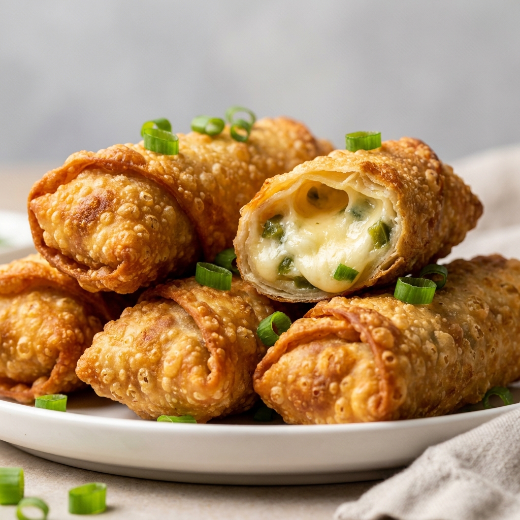 Jalapeño Popper Egg Rolls sliced open showing gooey cream cheese and bacon filling