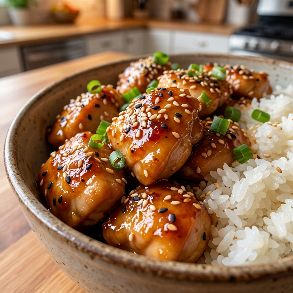 Crispy chicken thighs sizzling in gochujang sweet chili sauce in a hot skillet