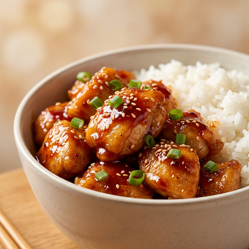 Korean Chicken Rice bowl topped with sesame seeds, green onions, and kimchi