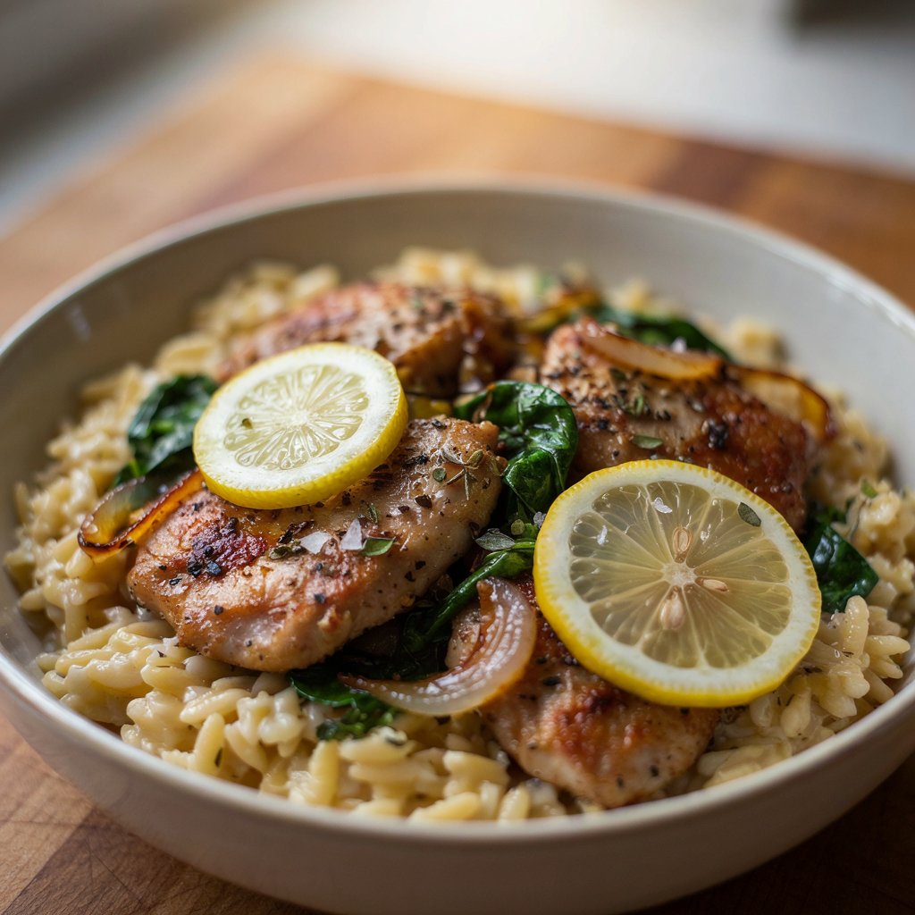 Toasting orzo in rendered chicken fat in a stainless steel skillet