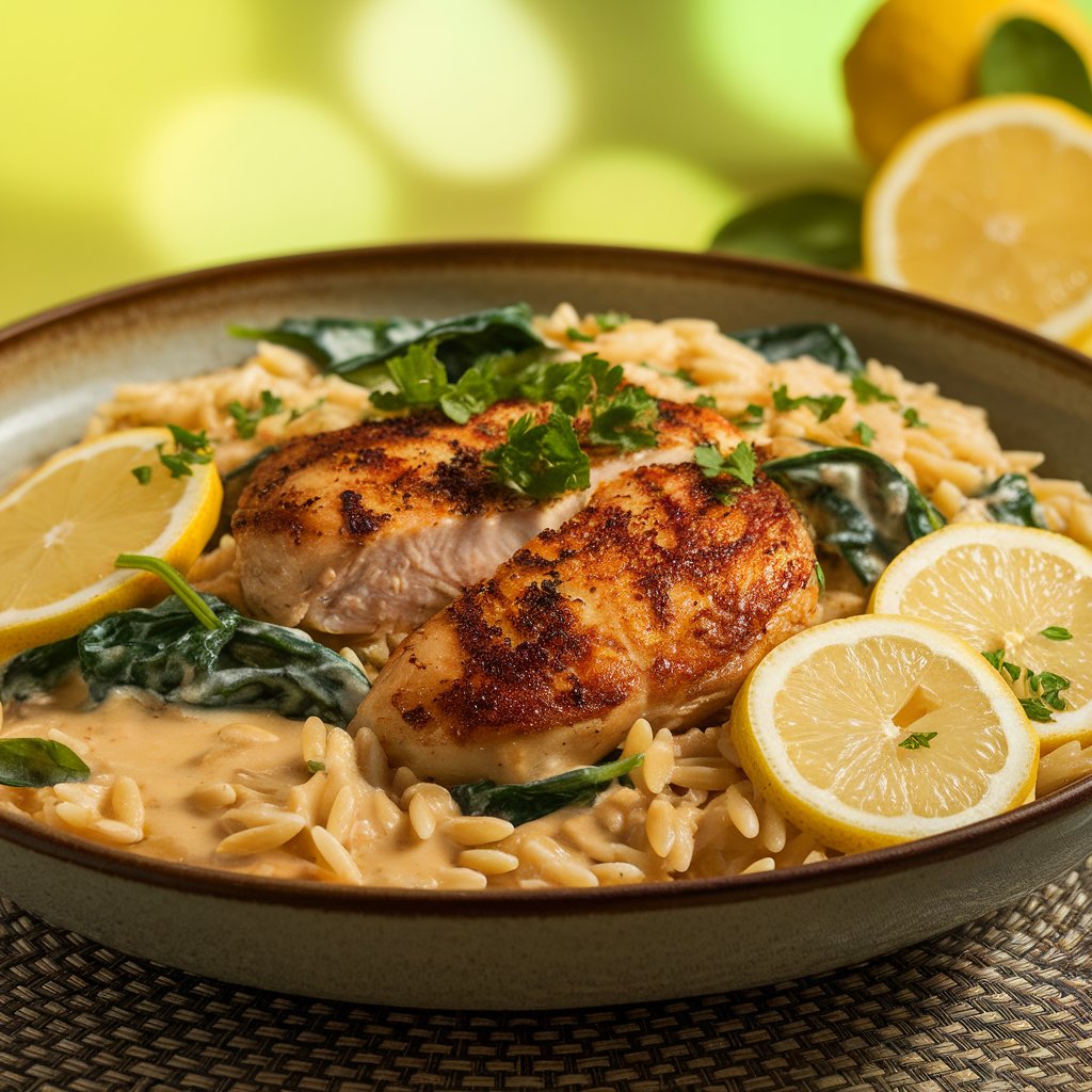 Lemon Chicken Orzo served in shallow bowls with extra parmesan and lemon zest