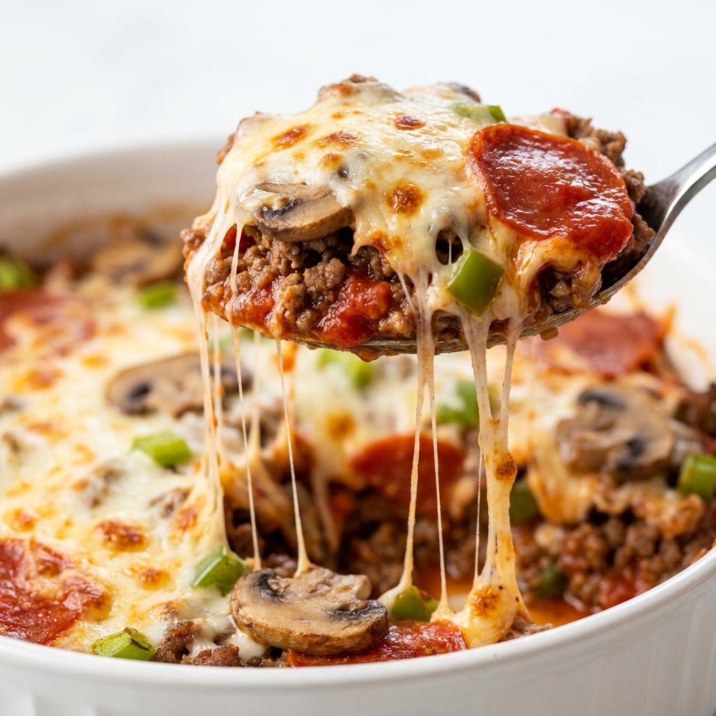 Low carb crustless pizza bowl in a skillet with melted cheese and pepperoni