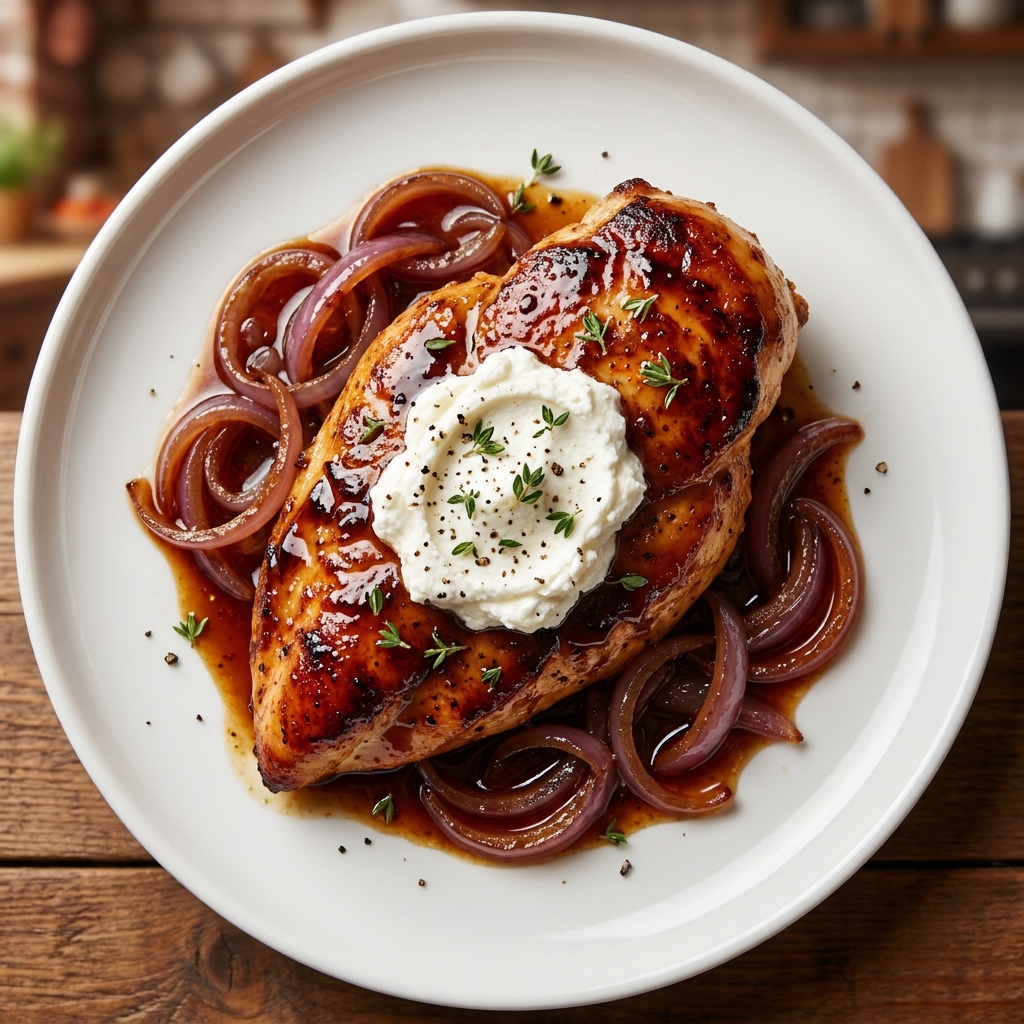 Chicken thighs browning in a hot skillet with balsamic fig sauce bubbling around them