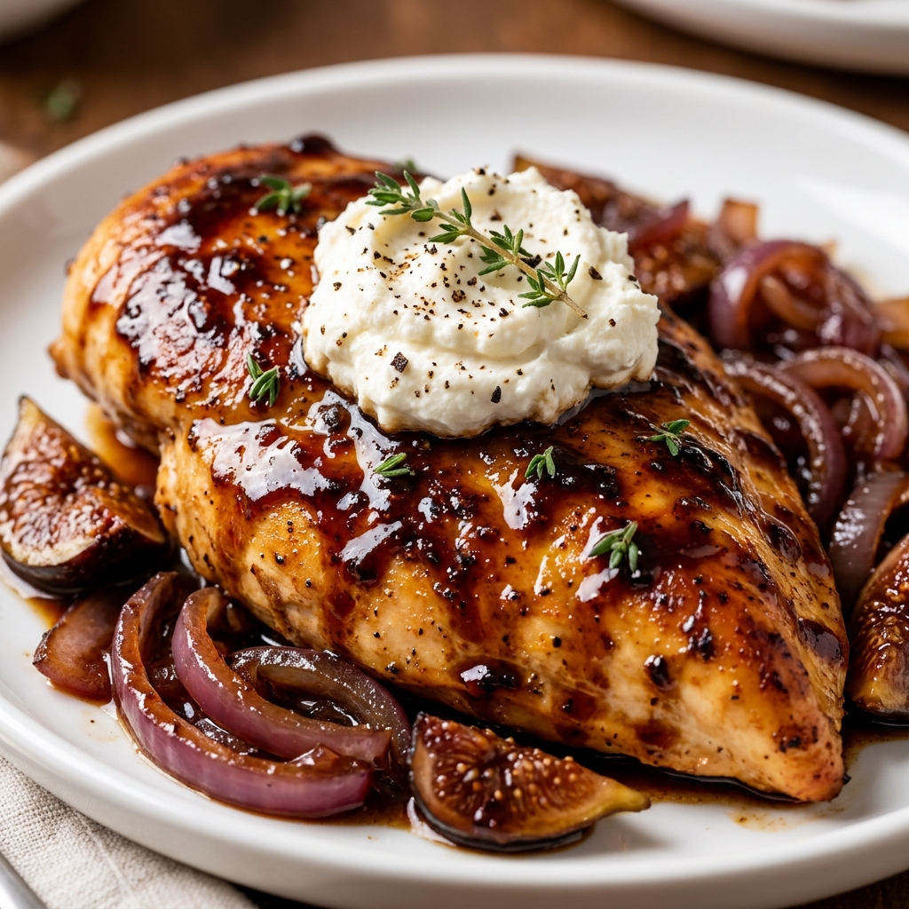 Finished Balsamic Fig Chicken served over mashed potatoes with extra fig pieces and sauce drizzled on top