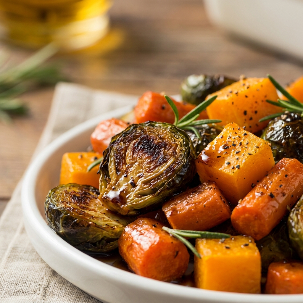 Chopped root vegetables tossed in olive oil and maple syrup in a large bowl.