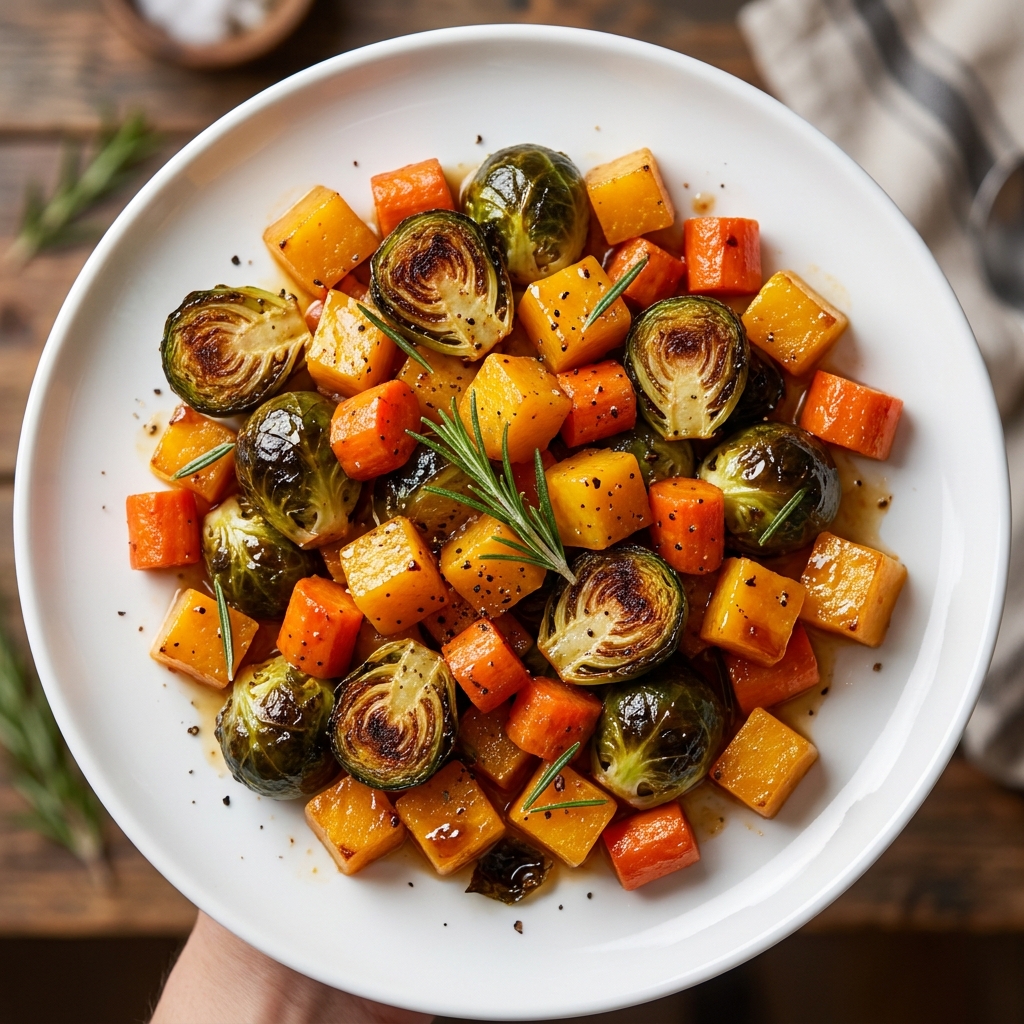 Plate of maple roasted Thanksgiving veggies garnished with crumbled goat cheese and pecans.