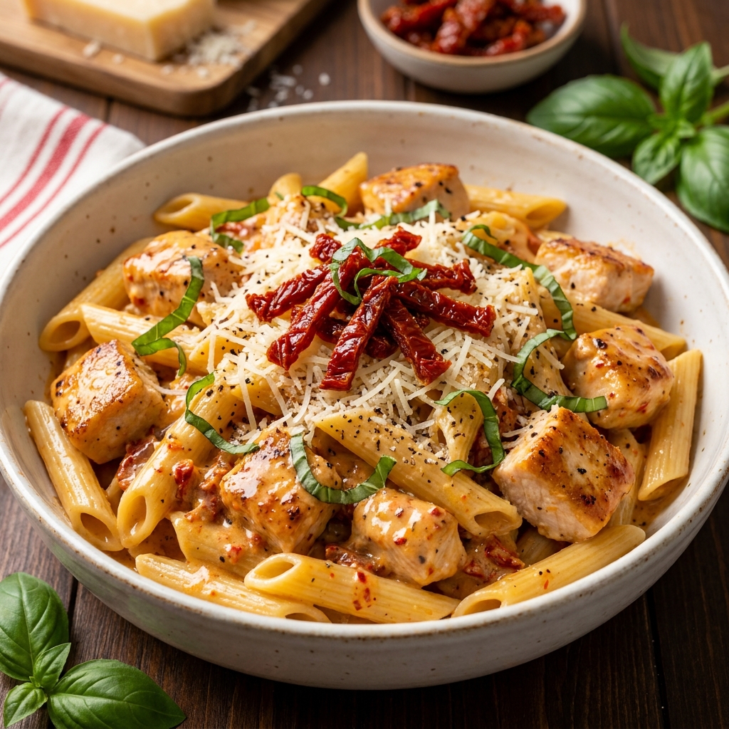Bowl of creamy Marry Me Pasta with sun-dried tomatoes and fresh basil