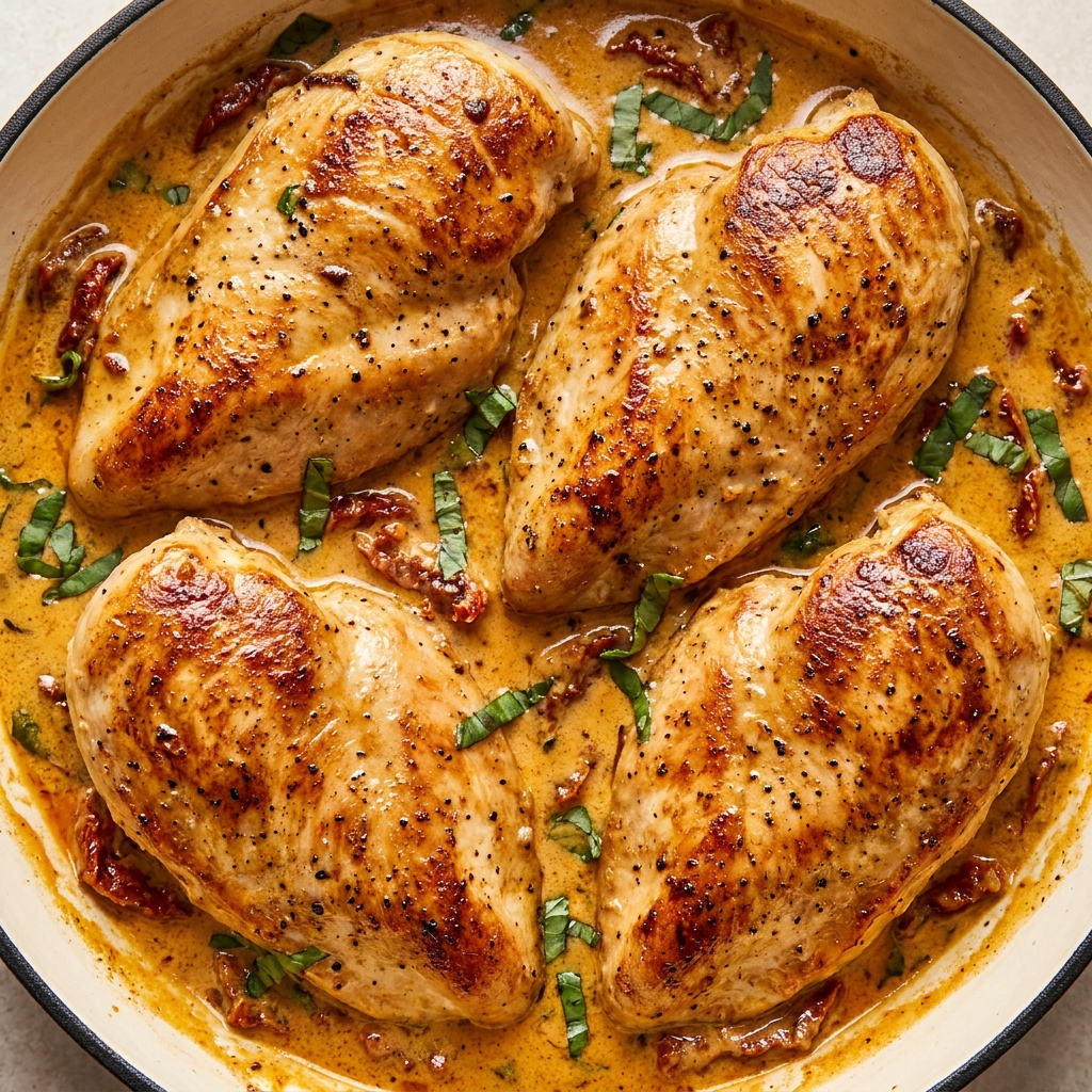 Chicken cutlets browning in a stainless steel skillet for mary me chicken.