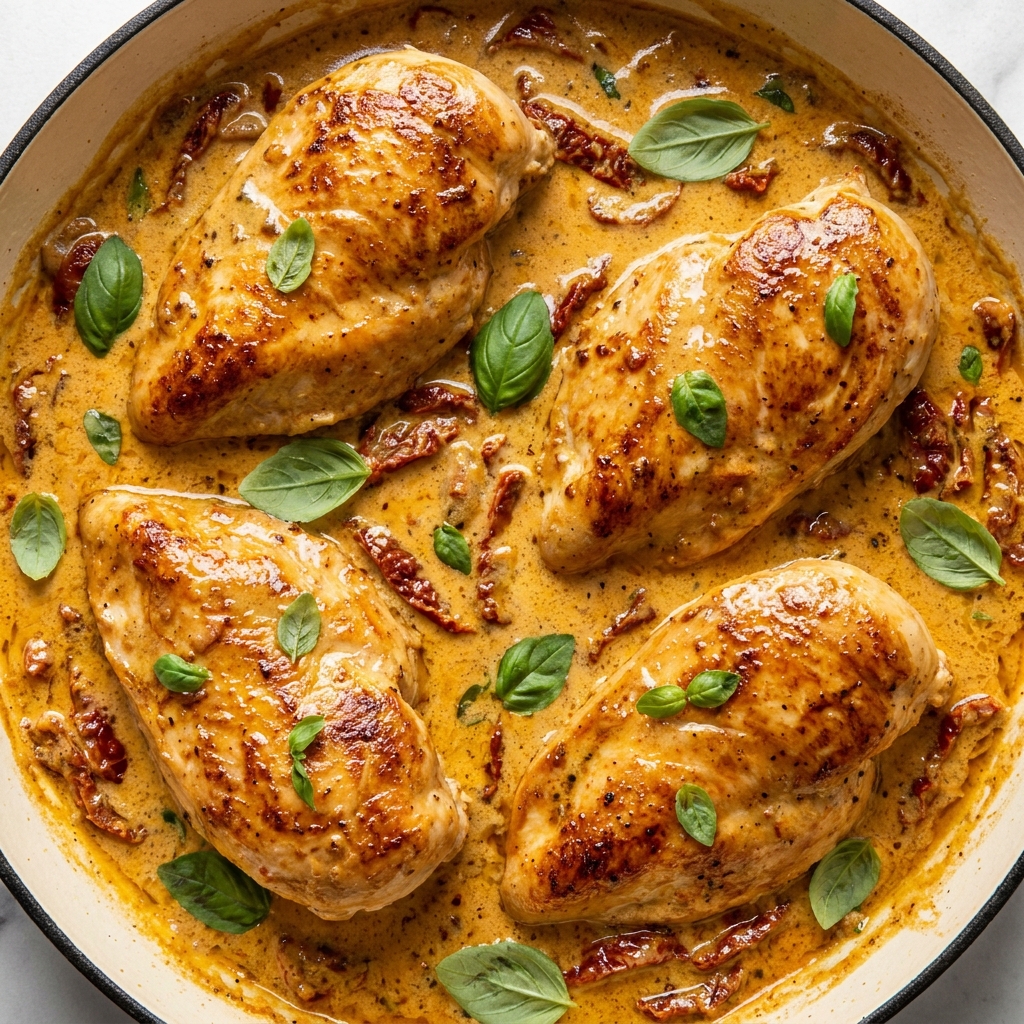 Finished mary me chicken recipe in a skillet with torn basil and parmesan.