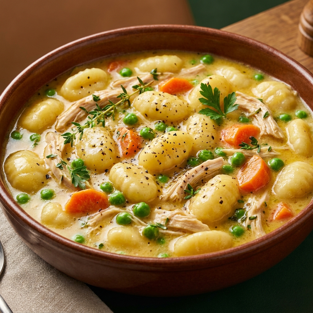 Finished One Pot Gnocchi Chicken Pot Pie Recipe garnished with parsley in a skillet