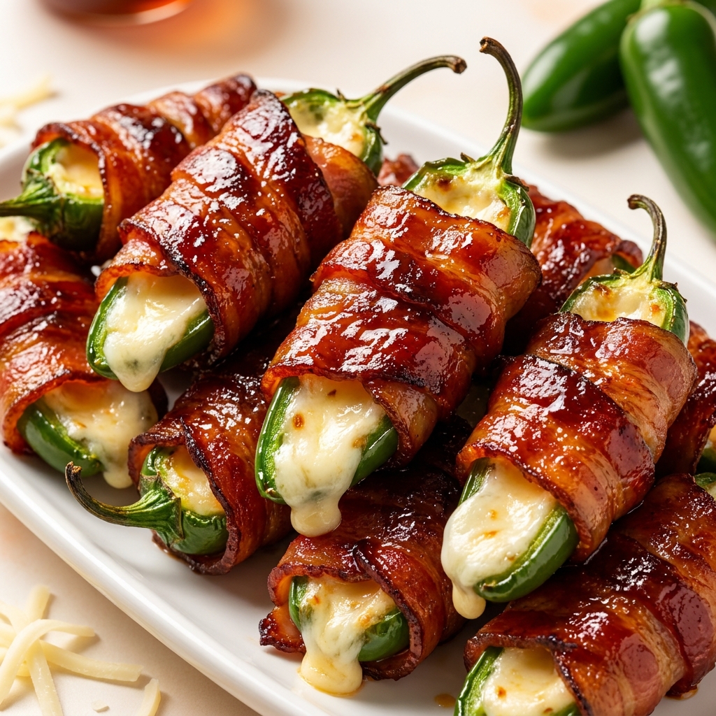 Bacon Wrapped Jalapeno Poppers arranged on a serving platter with crispy bacon edges and melted cheese oozing
