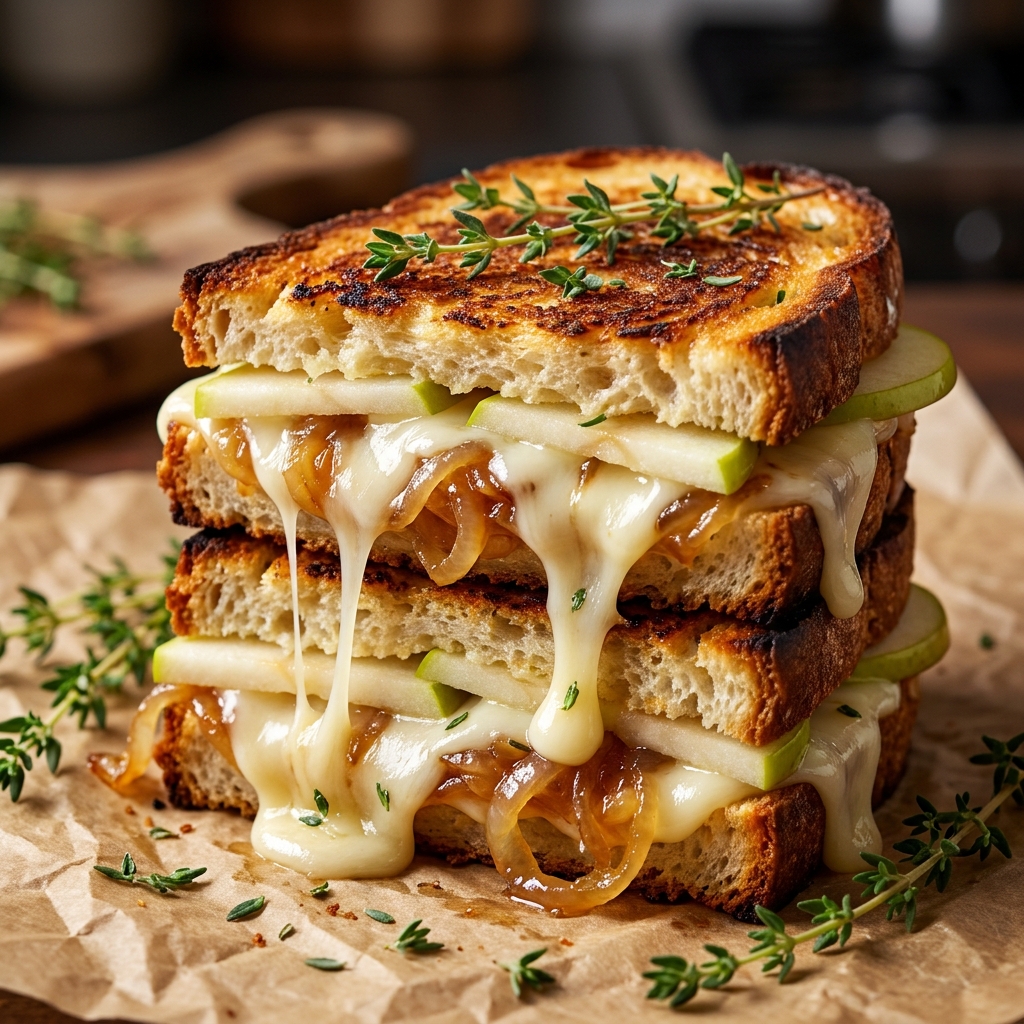 Apple Grilled Cheese with Caramelized Onions on a wooden board with golden sourdough crust and melted cheese pull