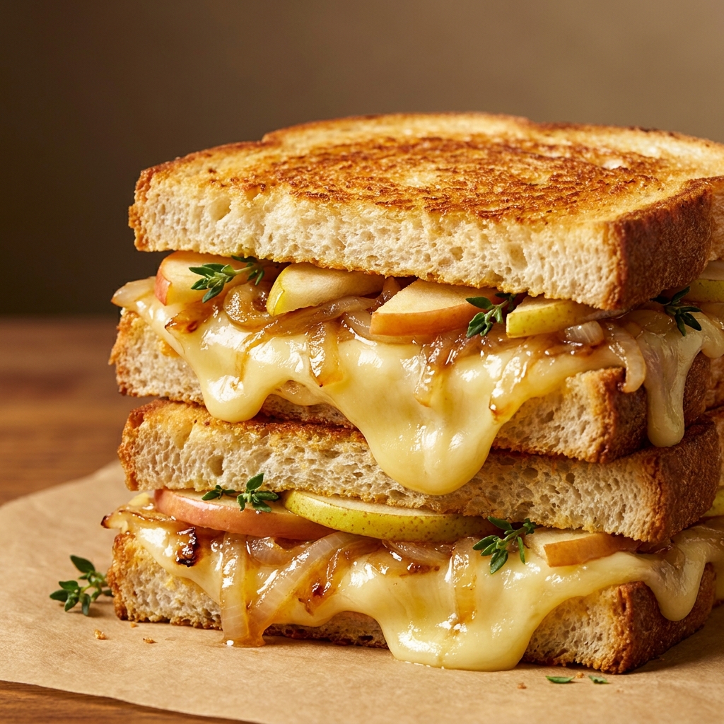 Sliced Apple Grilled Cheese with Caramelized Onions showing gooey cheddar and golden fruit layers