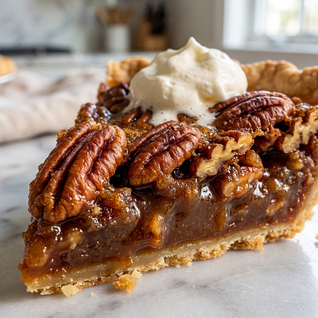 Pouring gooey pecan pie filling over toasted pecans in an unbaked pie crust