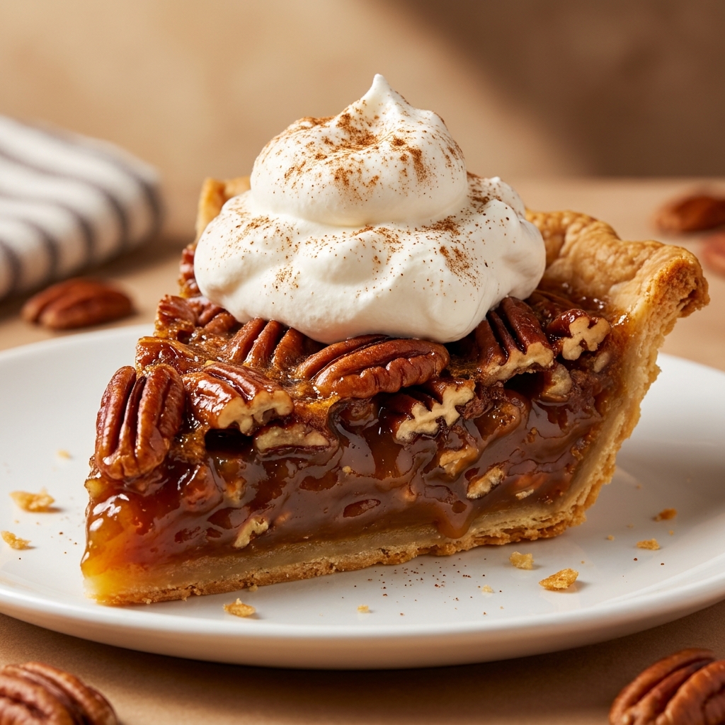 Sliced pecan pie showing set buttery filling and toasted pecan topping on a white plate