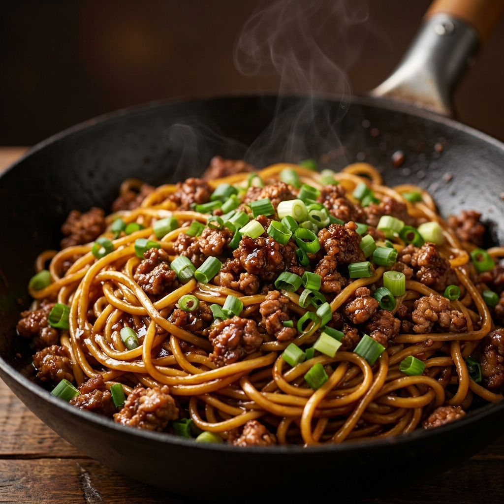 Potsticker noodle bowl topped with crispy potstickers, green onions, and sesame seeds