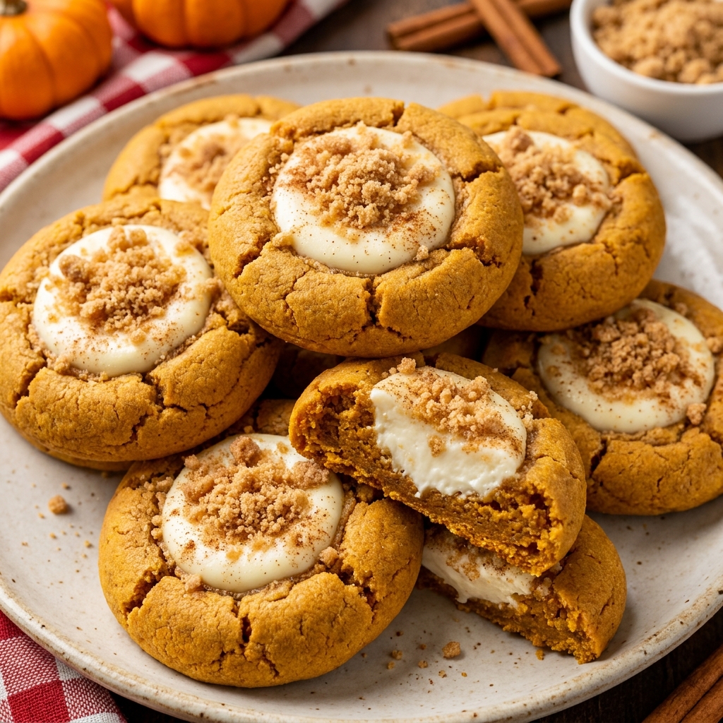 Soft pumpkin cheesecake cookies stacked with creamy filling visible.