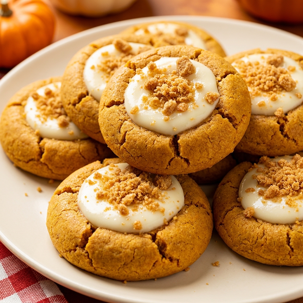 Baked pumpkin cheesecake cookies on cooling rack with golden edges.