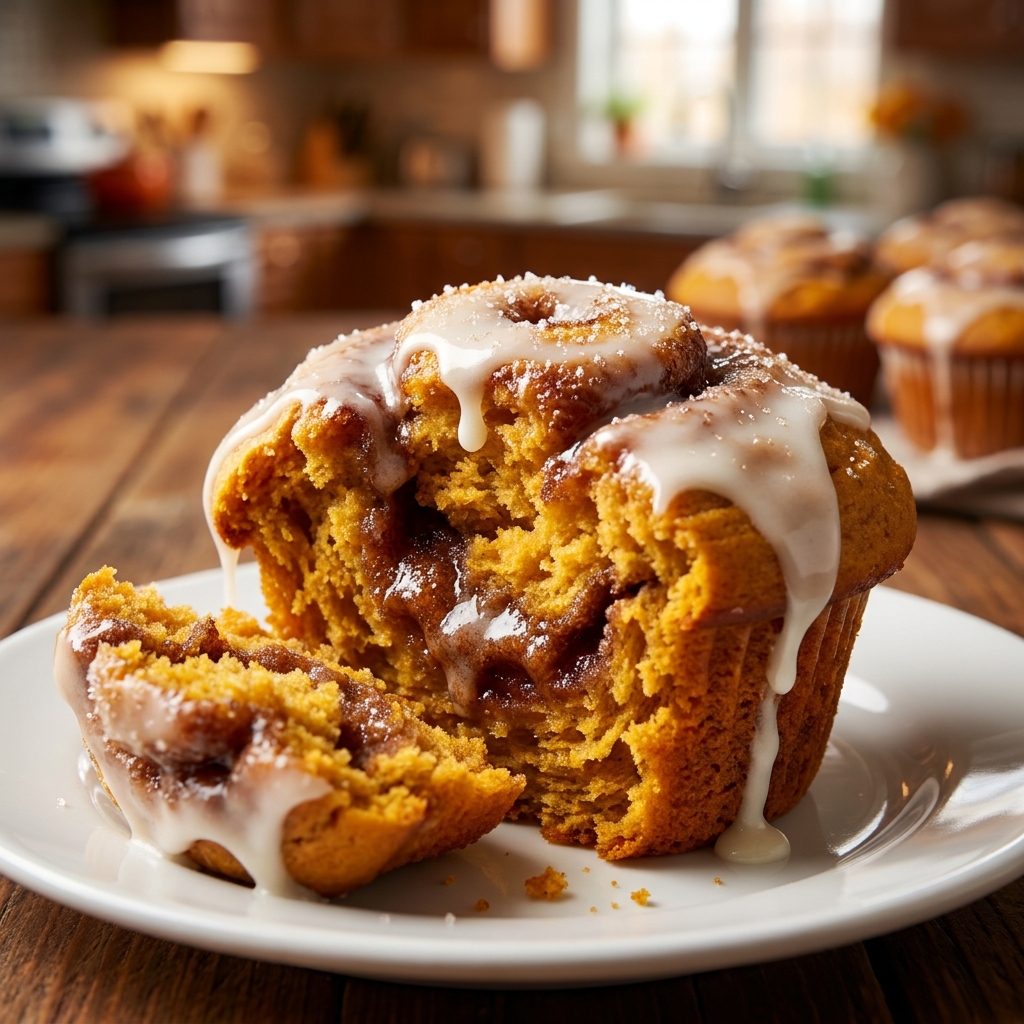 Step-by-step mixing of pumpkin muffin batter and cinnamon swirl layering
