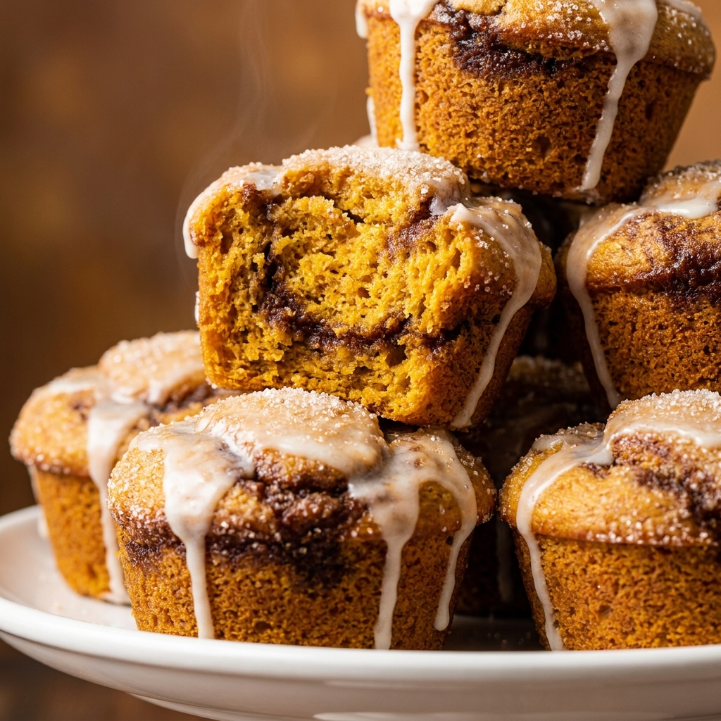 Finished Pumpkin Cinnamon Roll Muffins with golden tops and cinnamon ribbon