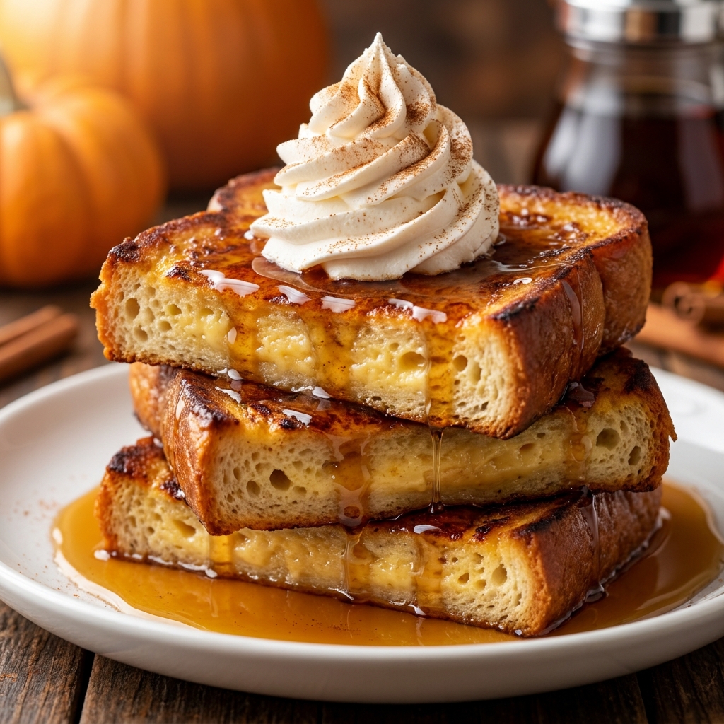 Golden pumpkin French toast on a plate with butter and maple syrup