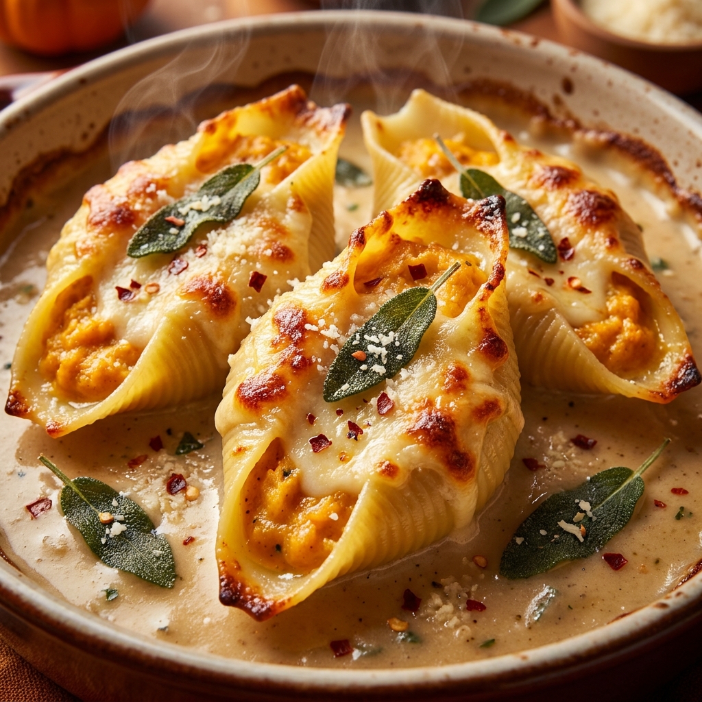 Hands filling jumbo pasta shells with a creamy pumpkin and gouda cheese mixture on a wooden cutting board.