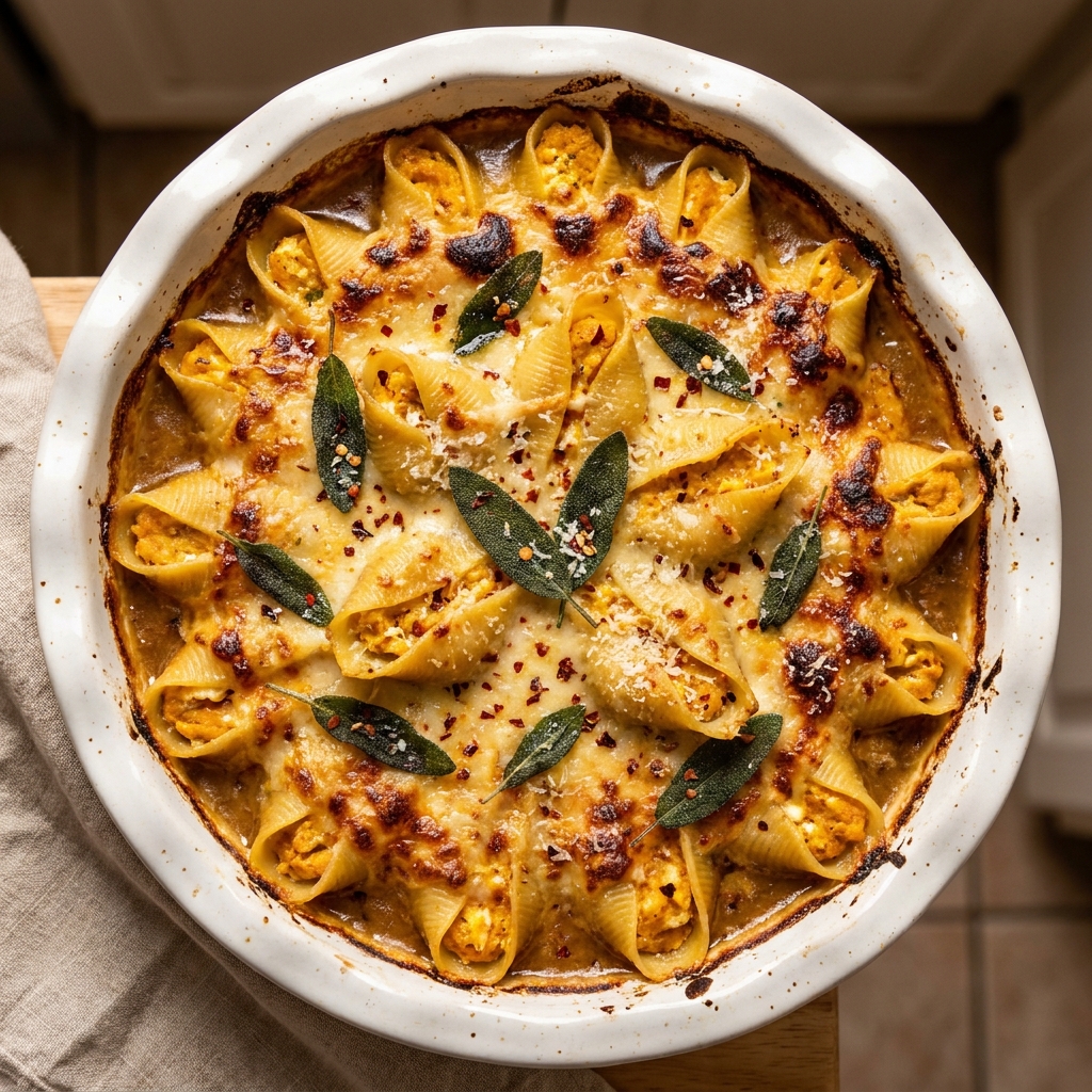 Close-up of a single Pumpkin & Gouda Stuffed Shell on a plate, draped in sage brown butter Alfredo, with crispy fried sage leaves on top.