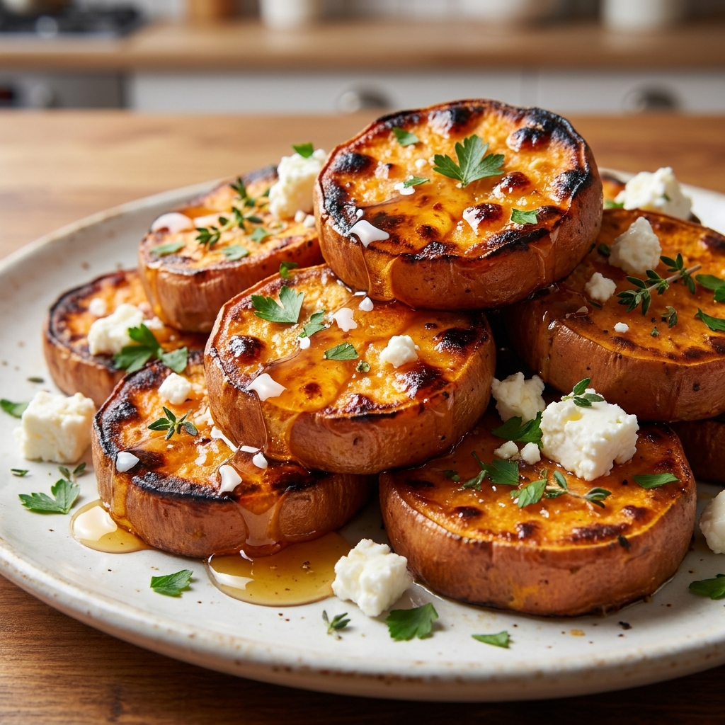 Roasted Sweet Potato Rounds with Honey & Feta Recipe