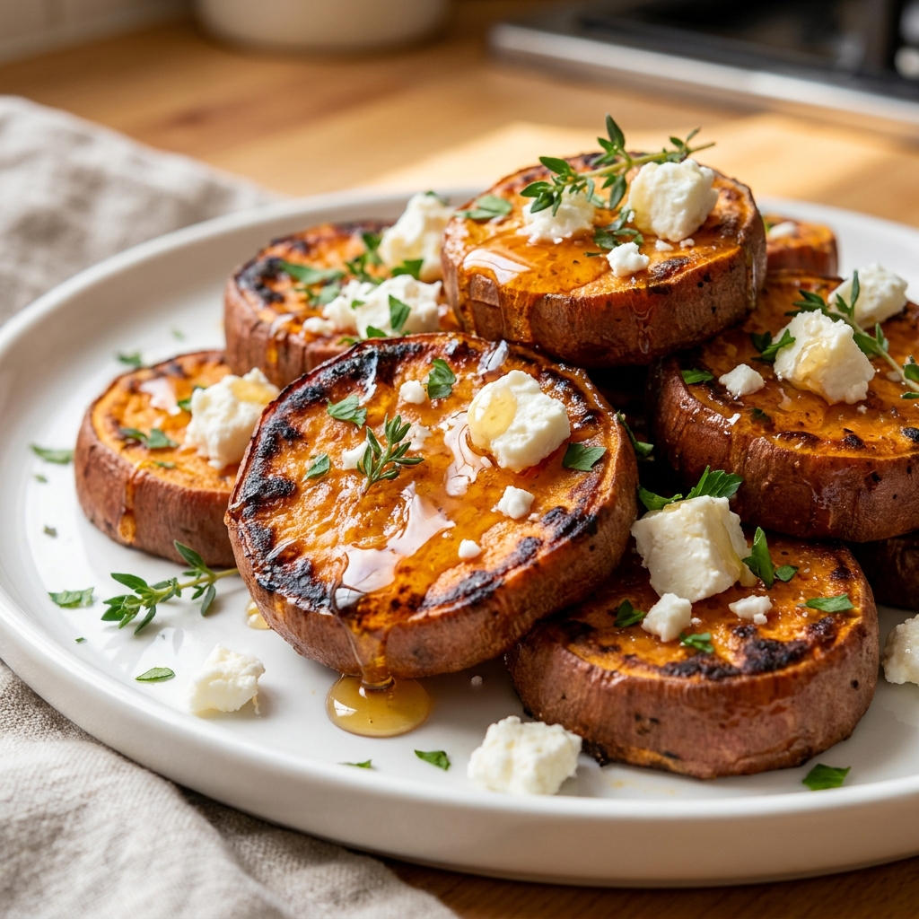 Sweet potato rounds arranged in a single layer on parchment paper before roasting
