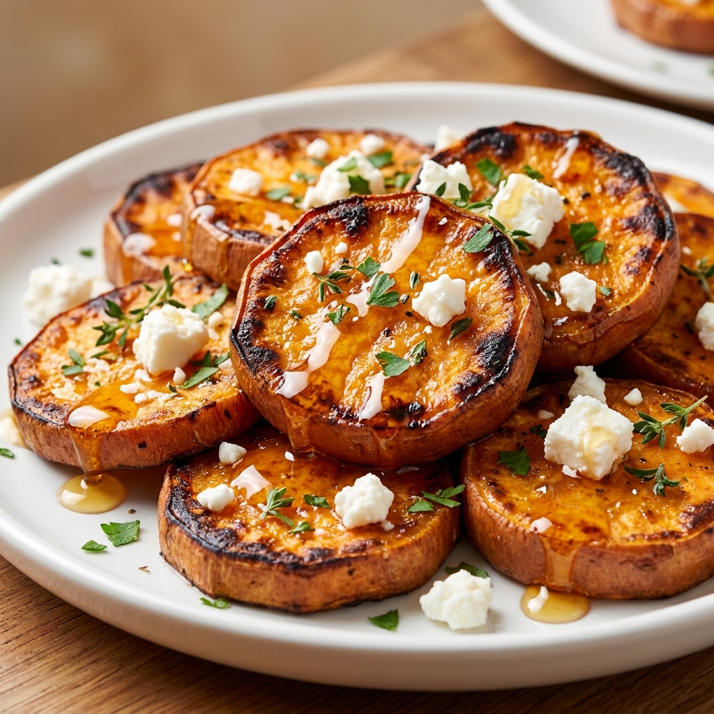 Golden roasted sweet potato rounds drizzled with honey and topped with crumbled feta