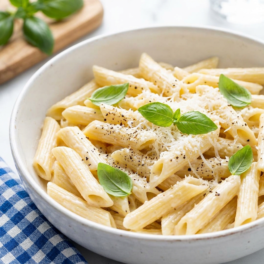 Finished cottage cheese pasta topped with toasted breadcrumbs and Parmesan.