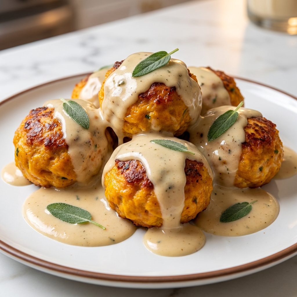 Savory Pumpkin Chicken Meatballs in Creamy Sage Sauce