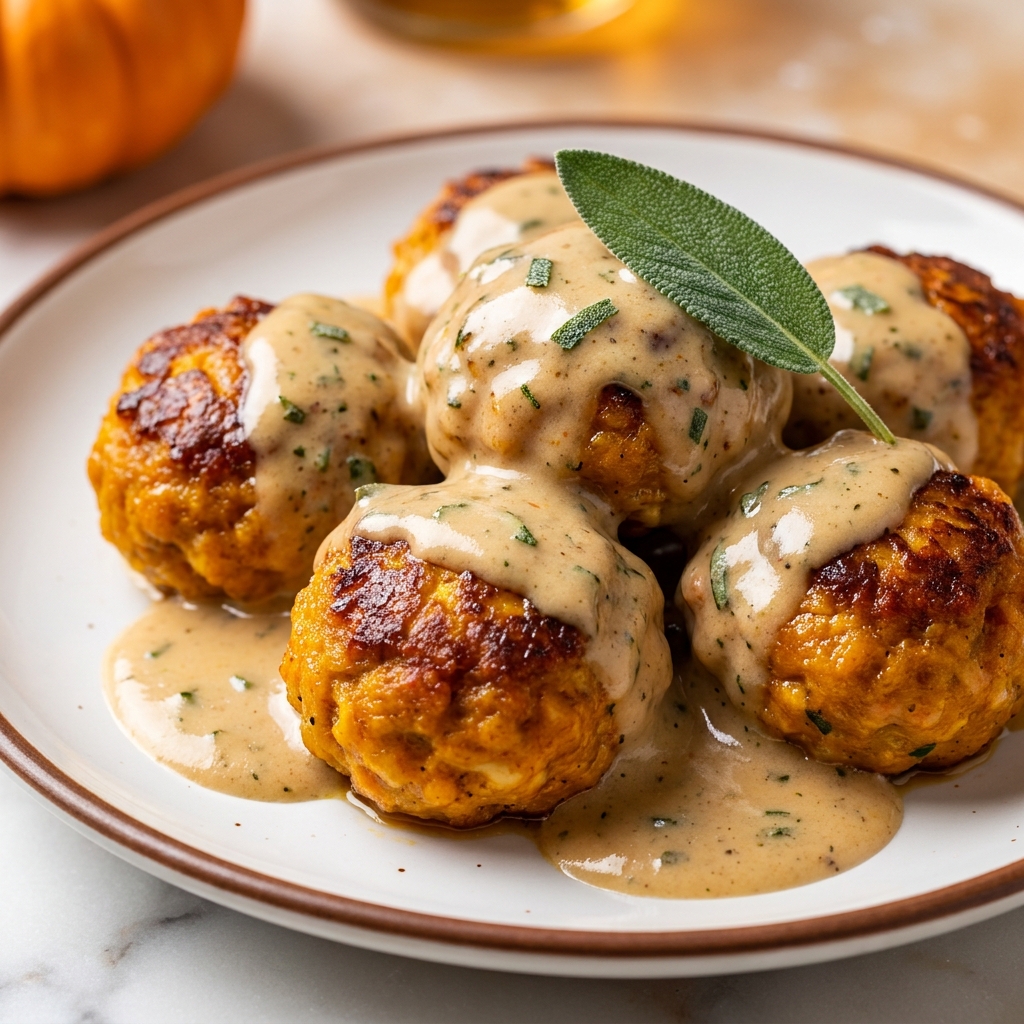 Pumpkin chicken meatballs simmered in creamy sage sauce with Parmesan and crispy sage on top