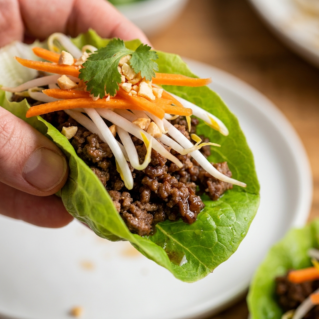 Ground beef with diced onions, garlic, and ginger in a slow cooker with soy-hoisin sauce