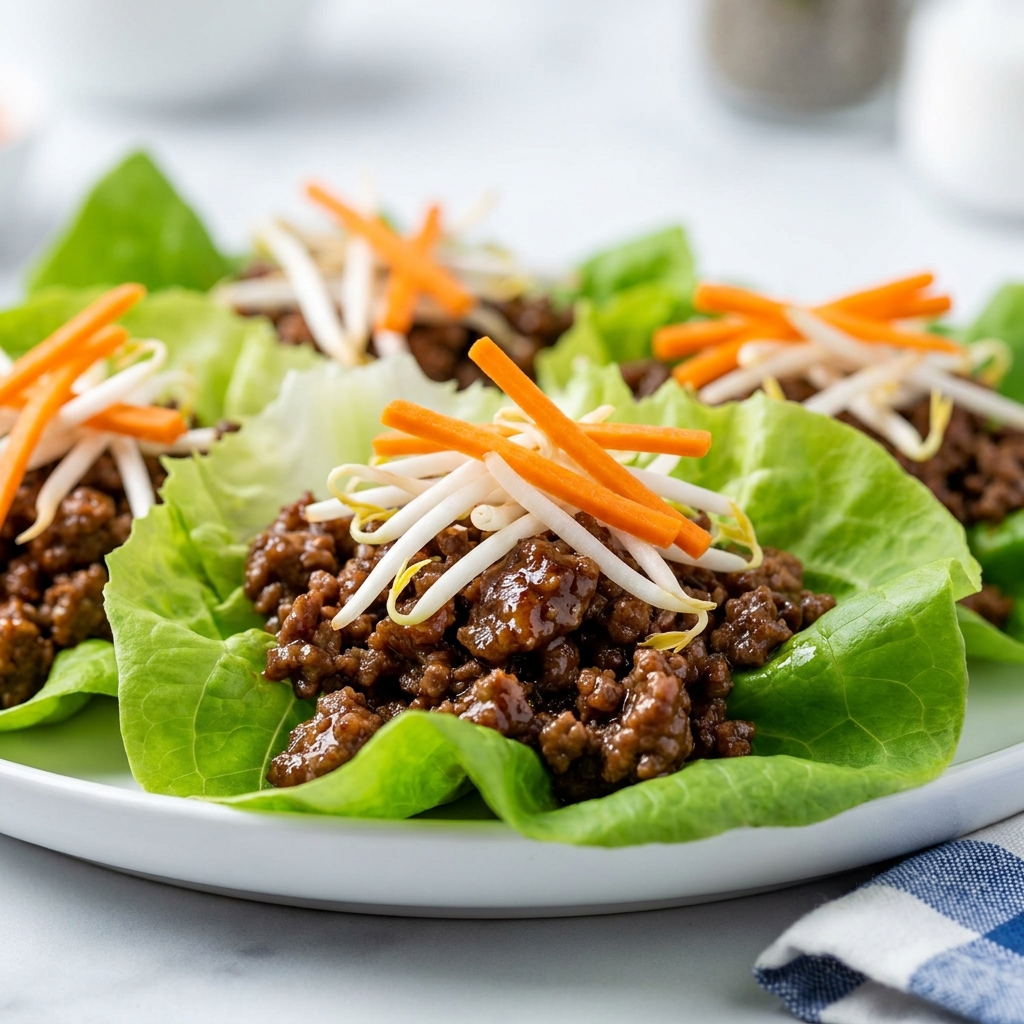 Finished Crockpot Beef lettuce wraps arranged on a serving plate with sesame seed and green onion garnish