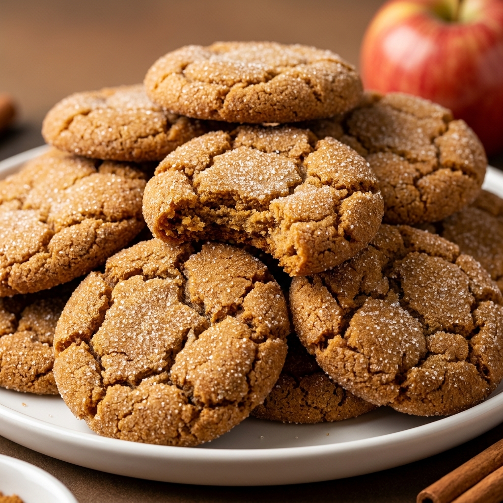 Plate of soft apple cider gingersnap cookies with crackly golden tops
