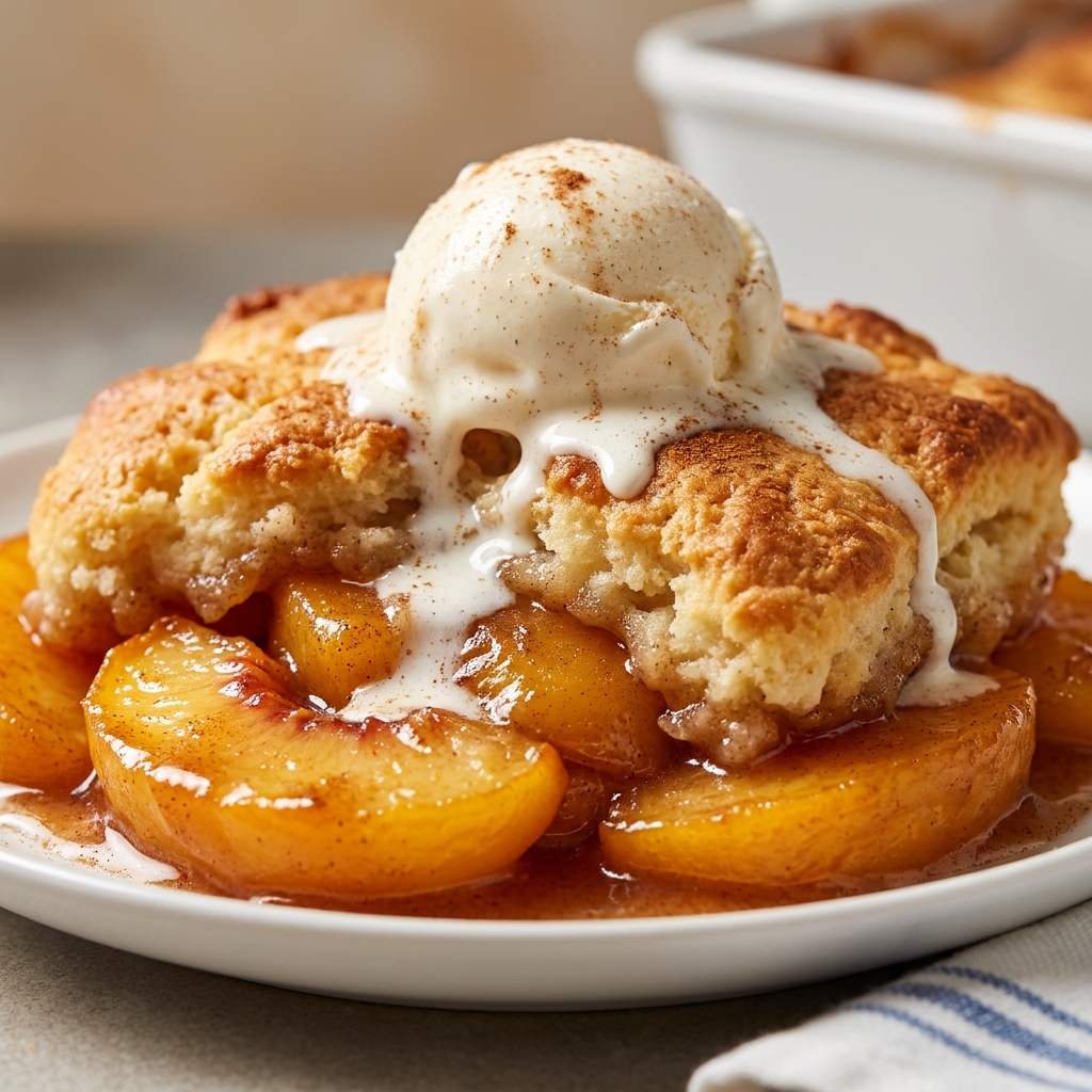 Freshly baked peach cobbler with crispy golden top served with vanilla ice cream